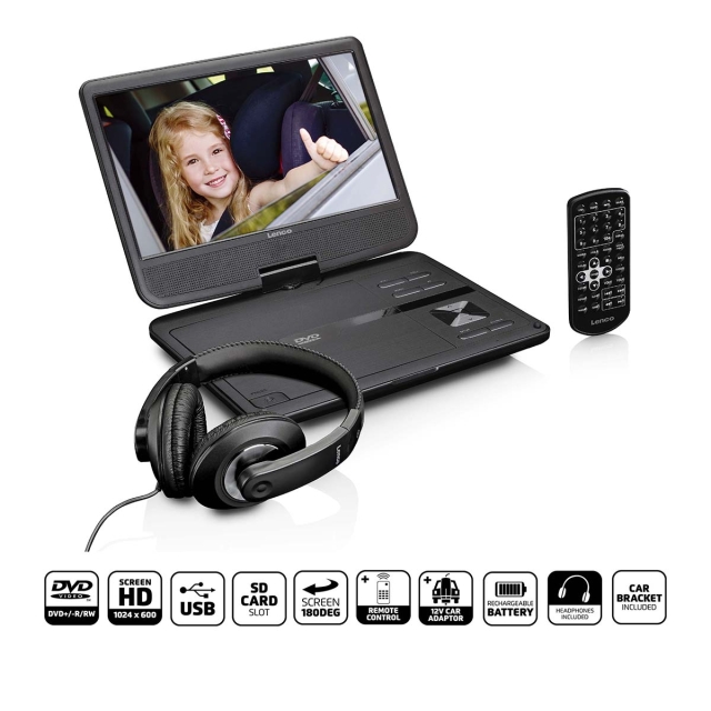 Lenco Bærbar 10" DVD-spiller med USB -Hodetelefon-opphengsbrakett Svart