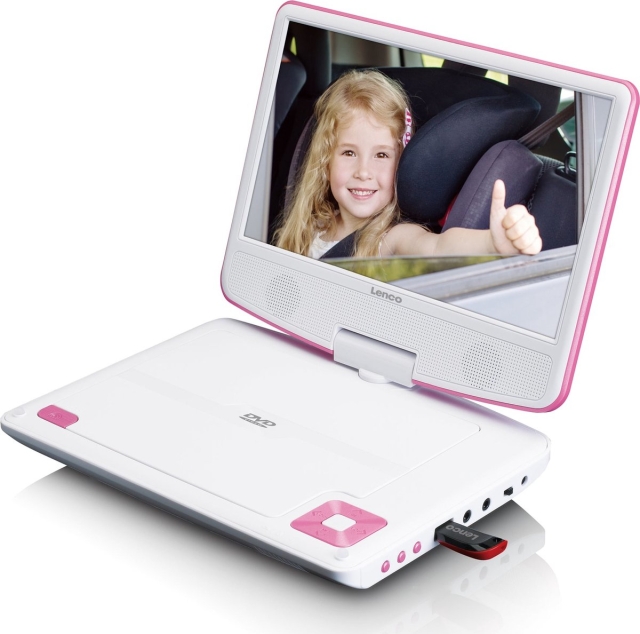 Lenco Bærbar 9" DVD-spiller med USB-hodetelefoner og monteringsbrakett Rosa / Hvit
