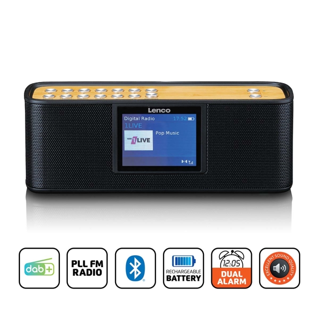 Lenco DAB/FM med 2,4" fargeskjerm Bluetooth® oppladbart batteri Svart