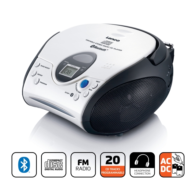 Lenco Bärbar CD-spelare med FM-radio och Bluetooth® Vit / Svart