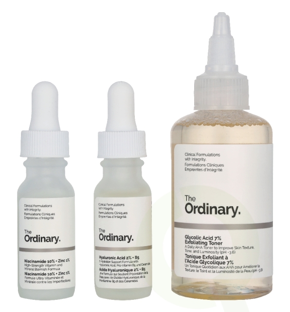 The Ordinary The Mini Icons Set 130 ml Glycolic Acid Exfoliating Toner 100ml/Niacinamide 15ml/Hyaluronic Acid 15ml/4 Cotton Pads/Mesh Pouch