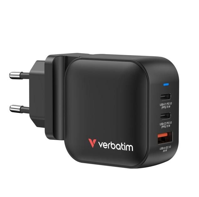 Verbatim Mini GaN-lader 70 W, 3 porter, US-stikkontakt med EU- og UK-adaptere