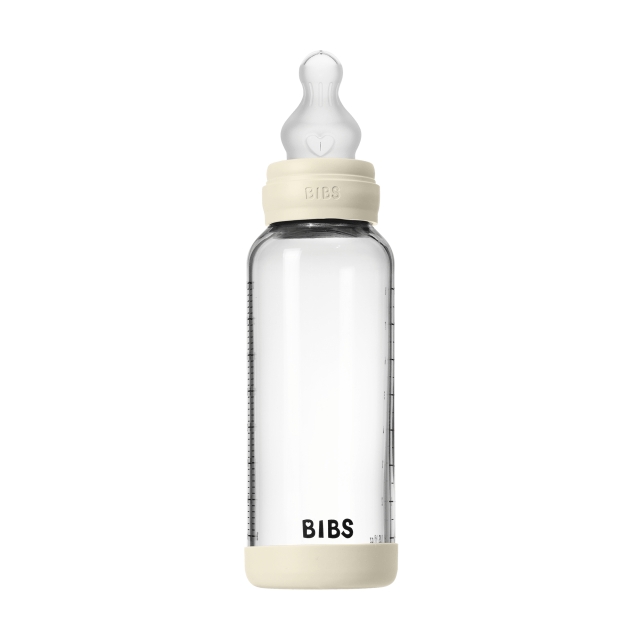 BIBS Glassflaske, rund, silikon, middels strømning – elfenben – 240 ml