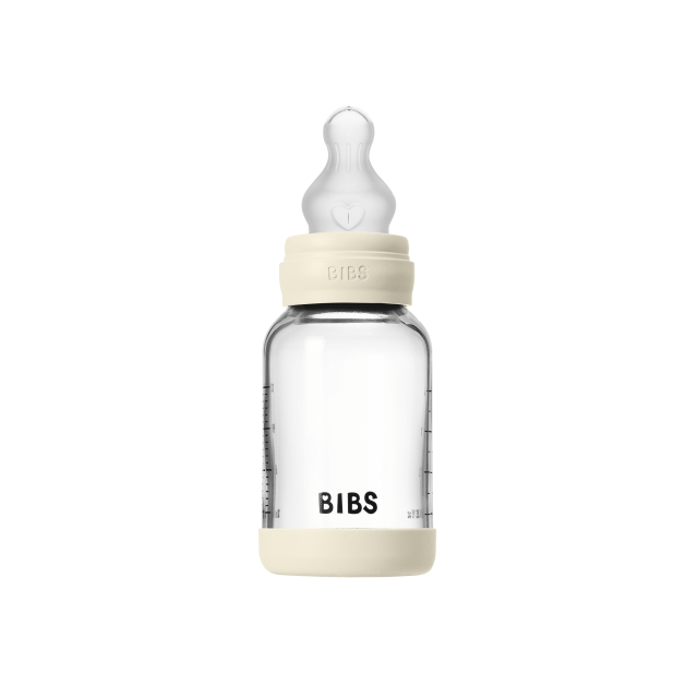 BIBS Glassflaske til baby, rund, med silikon, 1 stk., 120 ml, langsom strømning – elfenben – 120 ml