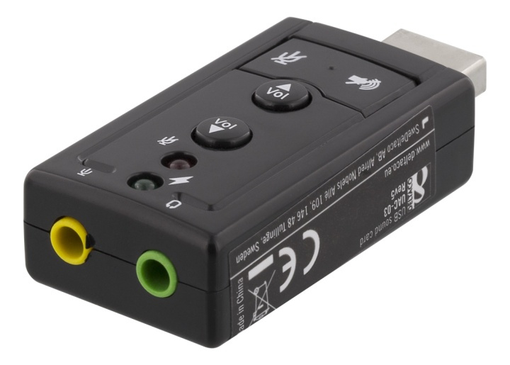 DELTACO USB-ljudkort, 7.1, mute, volym, 2x3,5mm, mic/hörlur i gruppen Datautstyr / Datamaskin Tilbehør / Eksterne lydkort hos TP E-commerce Nordic AB (38-1183)