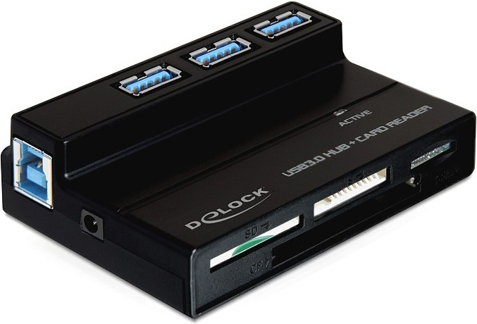 DeLOCK, USB 3.0 minnekortleser og 3 porters hub, 4 plasser, svart i gruppen Elektronikk / Lagringsmedia / Minnekortleser hos TP E-commerce Nordic AB (38-16549)