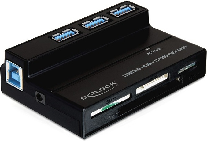 DeLOCKuSB 3.0 minnekortleser og 3-portshub, 4 rom, svart (91721) i gruppen Elektronikk / Lagringsmedia / Minnekortleser hos TP E-commerce Nordic AB (38-16549)