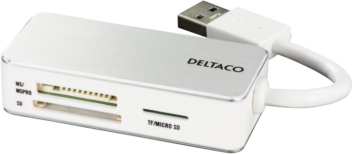DELTACO USB 3.0 minnekortleser, 3 spor, hvit/sølv (UCR-147) i gruppen Elektronikk / Lagringsmedia / Minnekortleser hos TP E-commerce Nordic AB (38-16550)