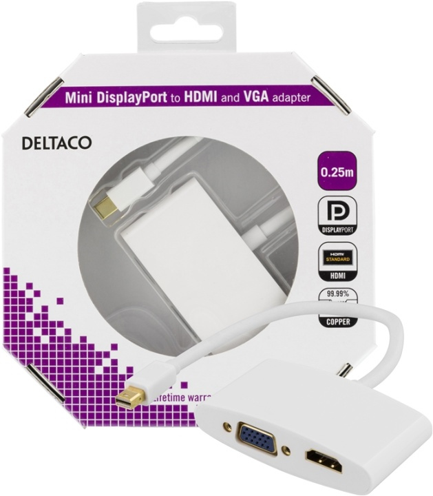 DELTACO mini DisplayPort til HDMI- og VGA-adapter, 0,25 m, hvit (DP-HDMIVGA1-K) i gruppen Elektronikk / Kabler og adaptere / HDMI / Adaptere hos TP E-commerce Nordic AB (38-16843)