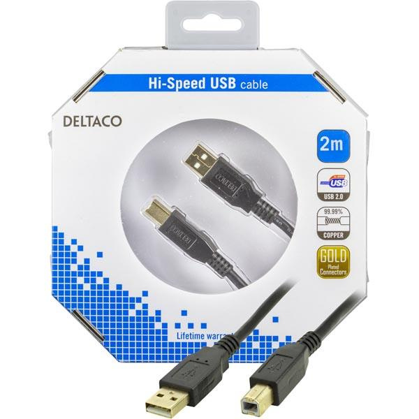 DELTACO, USB 2.0 kabel Typ A hane - Typ B hane 2m, svart (USB-218S-K) i gruppen Datautstyr / Kabler og adaptere / USB / USB-A hos TP E-commerce Nordic AB (38-18147)