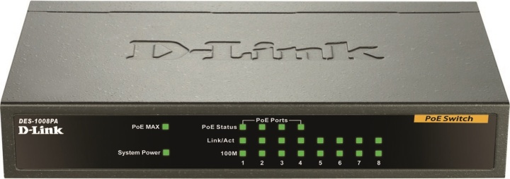 D-Link DES-1008PA, Ethernet switch, 8x10/100Mbps, 4xPOE, svart i gruppen Datautstyr / Nettverk / Switcher / 10/100Mbps hos TP E-commerce Nordic AB (38-18485)