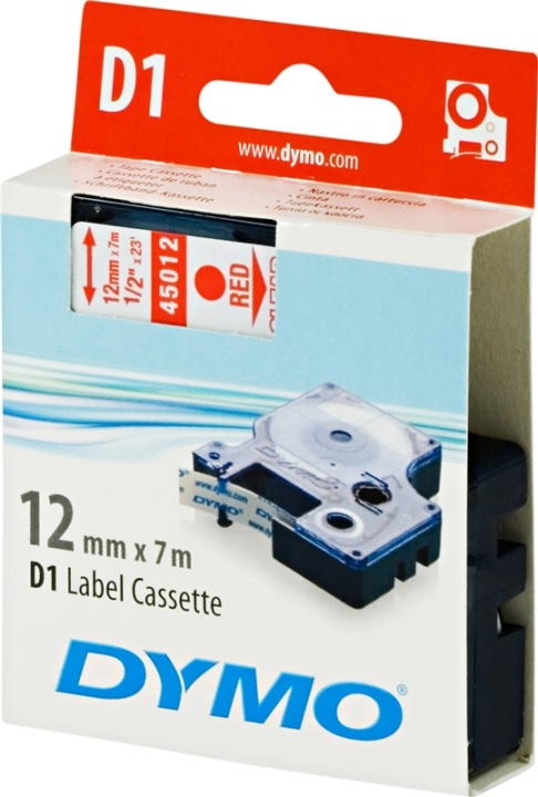 DYMO D1 etikettbånd standard 12 mm, rød på transparent, 7 m rull (45012) i gruppen Datautstyr / Skrivere og tilbehør / Skrivere / Merkemaskiner og tilbehør / Tape hos TP E-commerce Nordic AB (38-18541)