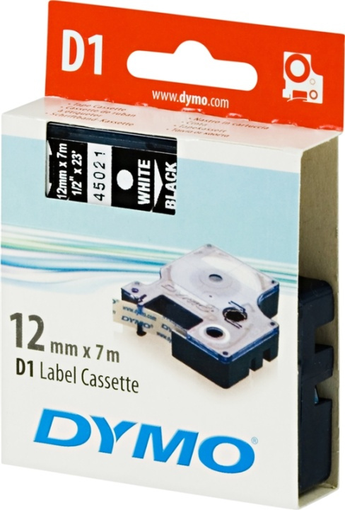 DYMO D1 etikettbånd standard 12 mm, hvit på svart, 7 m rull (45021) i gruppen Datautstyr / Skrivere og tilbehør / Skrivere / Merkemaskiner og tilbehør / Tape hos TP E-commerce Nordic AB (38-18550)
