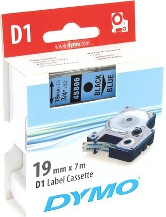 DYMO D1 etikettbånd standard 19 mm, svart på blå, 7 m rull (45806) i gruppen Datautstyr / Skrivere og tilbehør / Skrivere / Merkemaskiner og tilbehør / Tape hos TP E-commerce Nordic AB (38-18553)