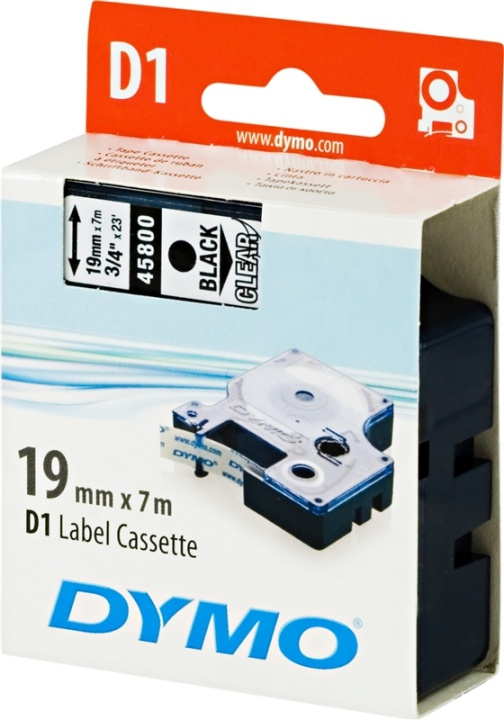 DYMO D1 etikettbånd standard 19 mm, svart på transparent, 7 m rull (45800) i gruppen Datautstyr / Skrivere og tilbehør / Skrivere / Merkemaskiner og tilbehør / Tape hos TP E-commerce Nordic AB (38-18557)