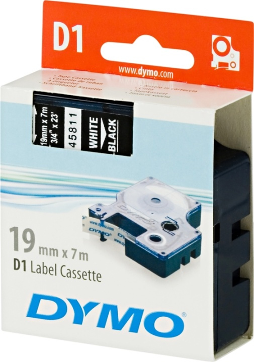 DYMO D1 märktejp standard 19mm, vitt på svart, 7m rulle (45811) i gruppen Datautstyr / Skrivere og tilbehør / Skrivere / Merkemaskiner og tilbehør / Tape hos TP E-commerce Nordic AB (38-18559)