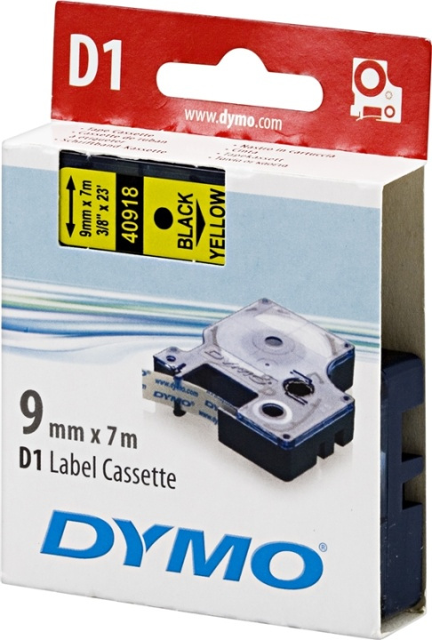 DYMO D1 etikettbånd standard 9 mm, svart på gul, 7 m rull (S0720730) i gruppen Datautstyr / Skrivere og tilbehør / Skrivere / Merkemaskiner og tilbehør / Tape hos TP E-commerce Nordic AB (38-18577)