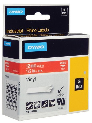 DYMO Rhino Professional, 12mm, merkbar vinylteip, hvit tekst rød teip i gruppen Datautstyr / Skrivere og tilbehør / Skrivere / Merkemaskiner og tilbehør / Tape hos TP E-commerce Nordic AB (38-18618)