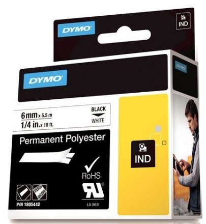 DYMO Rhino Professional, polyesterteip, 6mm, svart tekst på hvit,5,5 i gruppen Datautstyr / Skrivere og tilbehør / Skrivere / Merkemaskiner og tilbehør / Tape hos TP E-commerce Nordic AB (38-18637)