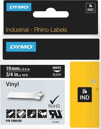 DYMO RhinoPRO 19mm vinylteip, hvit på svart, 5.5m rull i gruppen Datautstyr / Skrivere og tilbehør / Skrivere / Merkemaskiner og tilbehør / Tape hos TP E-commerce Nordic AB (38-18641)