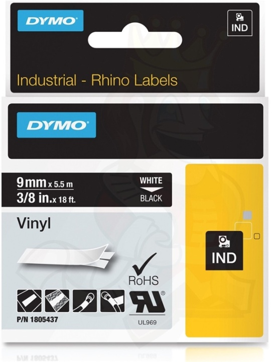 DYMO RhinoPRO 9mm vinylteip, hvit på svart, 5.5m rull i gruppen Datautstyr / Skrivere og tilbehør / Skrivere / Merkemaskiner og tilbehør / Tape hos TP E-commerce Nordic AB (38-18643)