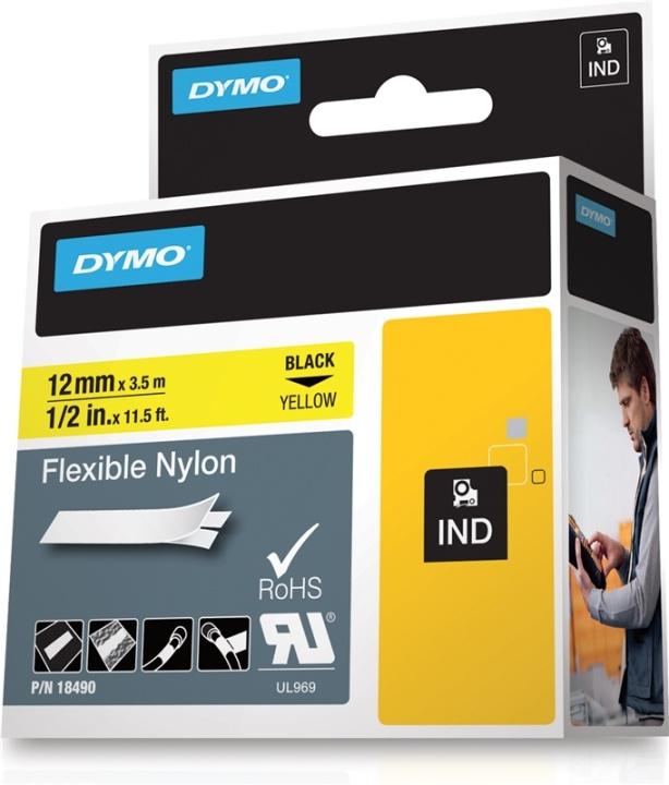 DYMO RhinoPRO merketeip fleks nylon 12mm, svart på gult i gruppen Datautstyr / Skrivere og tilbehør / Skrivere / Merkemaskiner og tilbehør / Tape hos TP E-commerce Nordic AB (38-18652)