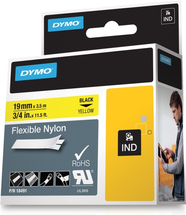 DYMO RhinoPRO merketeip fleks nylon 19mm, svart på gult i gruppen Datautstyr / Skrivere og tilbehør / Skrivere / Merkemaskiner og tilbehør / Tape hos TP E-commerce Nordic AB (38-18654)