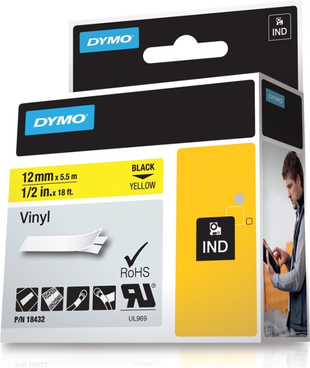 DYMO RhinoPRO etikettbånd permanent vinyl 12 mm, svart på gul, 5,5 m rull (18432) i gruppen Datautstyr / Skrivere og tilbehør / Skrivere / Merkemaskiner og tilbehør / Tape hos TP E-commerce Nordic AB (38-18666)