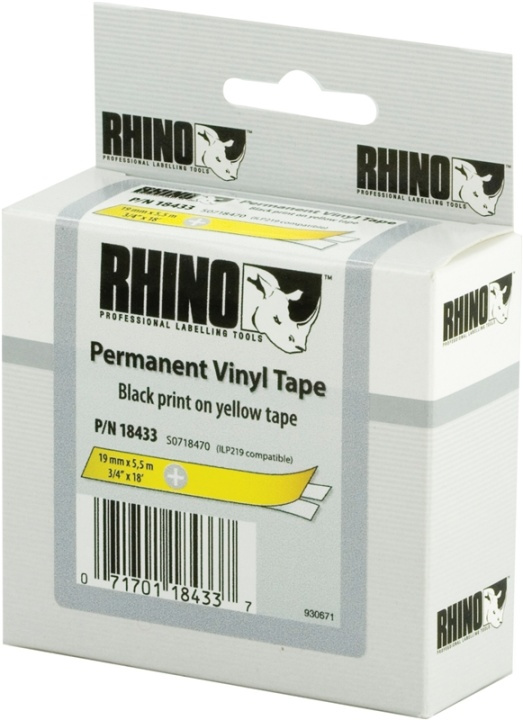 DYMO RhinoPRO etikettbånd permanent vinyl 19 mm, svart på gul, 5,5 m rull (18433) i gruppen Datautstyr / Skrivere og tilbehør / Skrivere / Merkemaskiner og tilbehør / Tape hos TP E-commerce Nordic AB (38-18669)