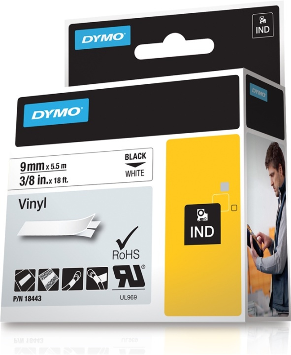 DYMO RhinoPRO merketejp perm vinyl 9mm, svart på hvitt, 5.5m rull i gruppen Datautstyr / Skrivere og tilbehør / Skrivere / Merkemaskiner og tilbehør / Tape hos TP E-commerce Nordic AB (38-18672)