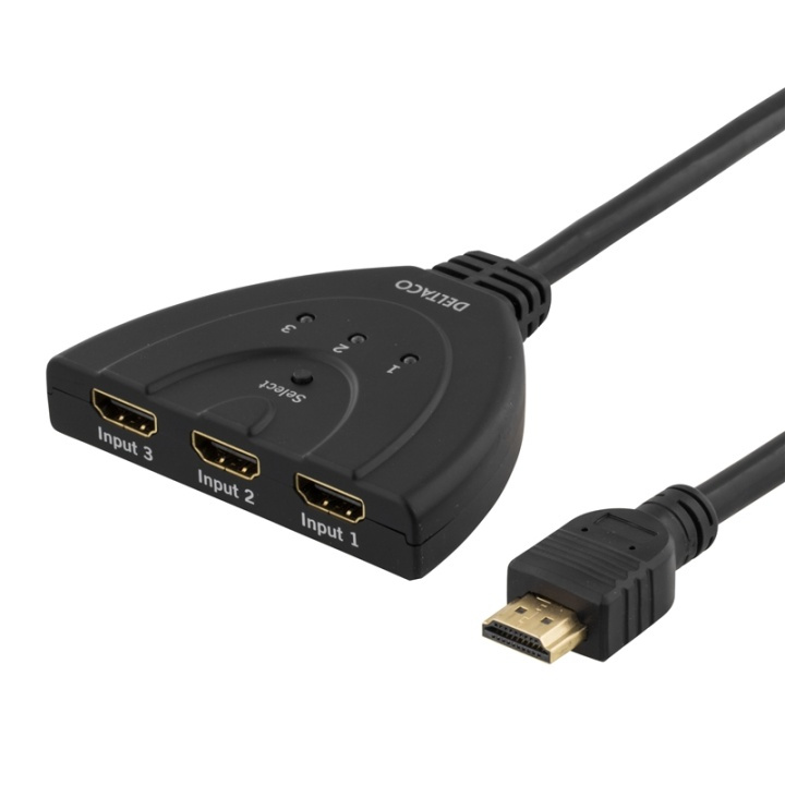 DELTACO HDMI Pigtail Switch, automatisk/manuell HDMI-bryter, tre til én, sv (HDMI-7001) i gruppen Datautstyr / Kabler og adaptere / HDMI/VGA/DVI-switcher hos TP E-commerce Nordic AB (38-18821)