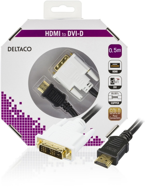 DELTACO HDMI ha - DVI-D Single Link ha, 0,5m, blister i gruppen Datautstyr / Kabler og adaptere / DVI / Kabler hos TP E-commerce Nordic AB (38-23542)