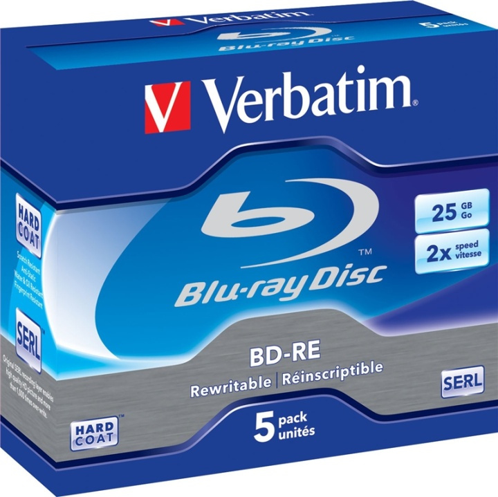 Verbatim BD-RE, 2x, 25 GB/200 min, 5-pk. jewel case Hard Coat SERL (43615) i gruppen Elektronikk / Lagringsmedia / CD/DVD/BD-plater / Blu-Ray hos TP E-commerce Nordic AB (38-23601)