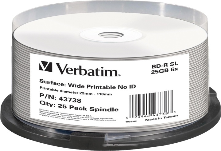Verbatim BD-R, 6x, 25GB/200min, 25pack spindel, print, Hard Coat, MABL i gruppen Elektronikk / Lagringsmedia / CD/DVD/BD-plater / Blu-Ray hos TP E-commerce Nordic AB (38-23605)