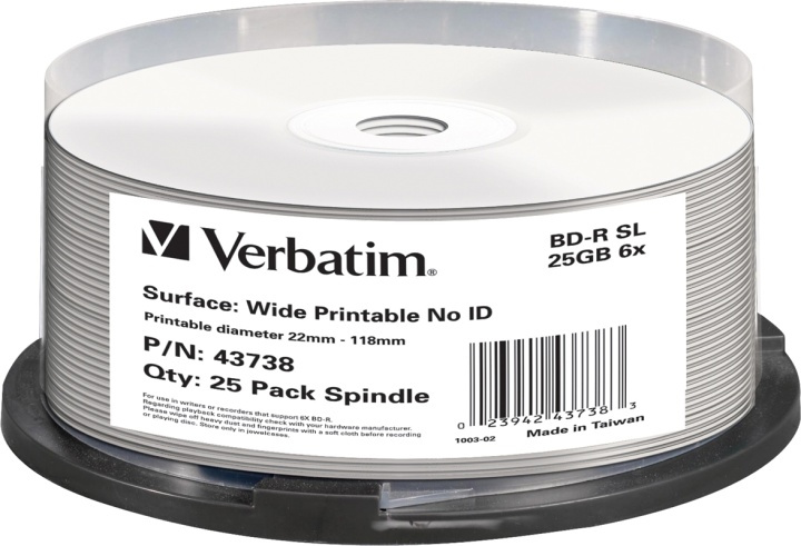 Verbatim BD-R, 6x, 25GB/200min, 25pack spindel, print, Hard Coat, MABL (43738) i gruppen Elektronikk / Lagringsmedia / CD/DVD/BD-plater / Blu-Ray hos TP E-commerce Nordic AB (38-23605)