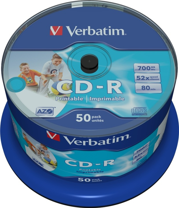 Verbatim CD-R, 52x, 700 MB/80 min, 50-pakning, spindel, AZO, utskrivbar (43438) i gruppen Elektronikk / Lagringsmedia / CD/DVD/BD-plater / CD-R hos TP E-commerce Nordic AB (38-23635)