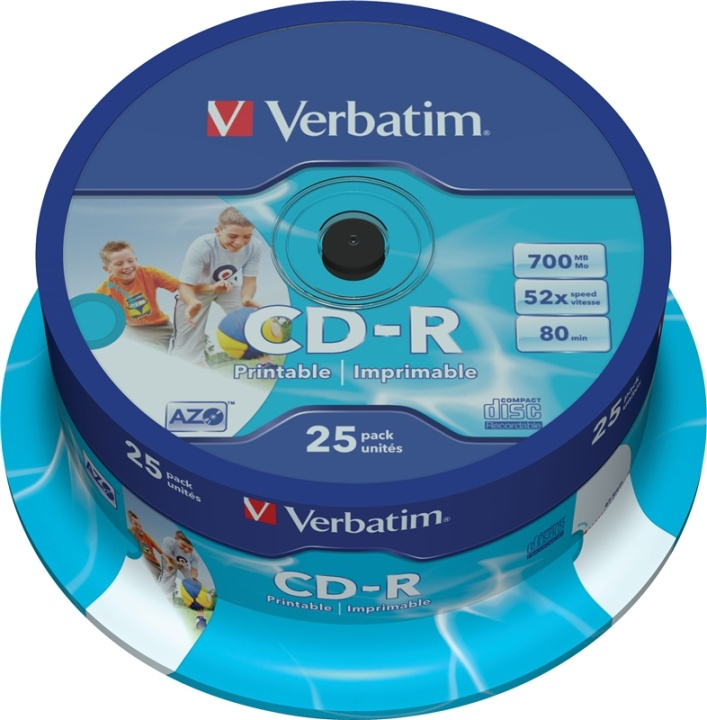 Verbatim CD-R, 52x, 700 MB/80 min, 25-pack, spindel, AZO, printable i gruppen Elektronikk / Lagringsmedia / CD/DVD/BD-plater / CD-R hos TP E-commerce Nordic AB (38-23636)