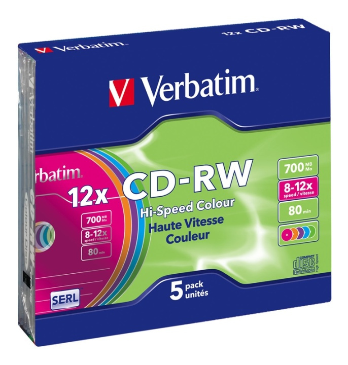 Verbatim CD-RW, 12x, 700 MB/80 min, 5-pack slim case, SERL, färgade i gruppen Elektronikk / Lagringsmedia / CD/DVD/BD-plater / CD-RW hos TP E-commerce Nordic AB (38-23642)
