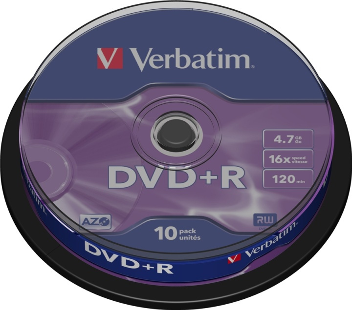 Verbatim DVD+R, 16x, 4,7 GB/120 min, 10-pakning spindel, AZO (43498) i gruppen Elektronikk / Lagringsmedia / CD/DVD/BD-plater / DVD+R hos TP E-commerce Nordic AB (38-23656)