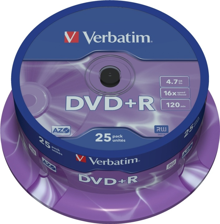 Verbatim DVD+R, 16x, 4,7 GB/120 min, 25-pack spindel, AZO i gruppen Elektronikk / Lagringsmedia / CD/DVD/BD-plater / DVD+R hos TP E-commerce Nordic AB (38-23657)