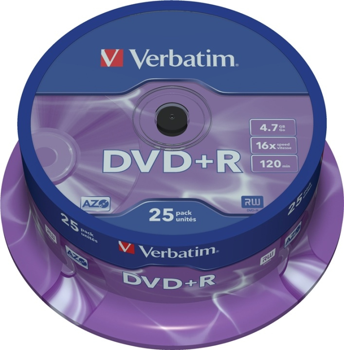 Verbatim DVD+R, 16x, 4,7 GB/120 min, 25-pakning spindel, AZO (43500) i gruppen Elektronikk / Lagringsmedia / CD/DVD/BD-plater / DVD+R hos TP E-commerce Nordic AB (38-23657)