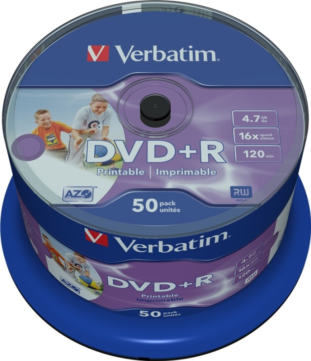 Verbatim DVD+R, 16x, 4,7 GB/120 min, 50-pakning spindel, AZO, utskrivbar (43512) i gruppen Elektronikk / Lagringsmedia / CD/DVD/BD-plater / DVD+R hos TP E-commerce Nordic AB (38-23659)