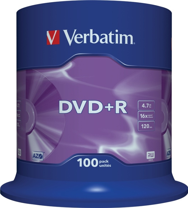 Verbatim DVD+R, 16x, 4,7 GB/120 min, 100-pakning spindel, AZO (43551) i gruppen Elektronikk / Lagringsmedia / CD/DVD/BD-plater / DVD+R hos TP E-commerce Nordic AB (38-23662)