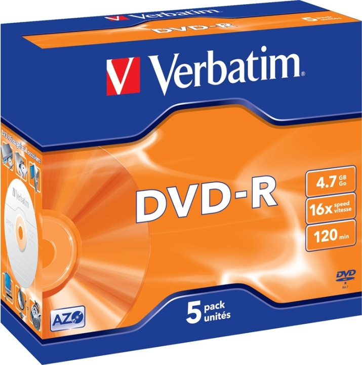 Verbatim DVD-R, 16x, 4,7 GB/120 min, 5-pk. jewel case, AZO (43519) i gruppen Elektronikk / Lagringsmedia / CD/DVD/BD-plater / DVD-R hos TP E-commerce Nordic AB (38-23685)