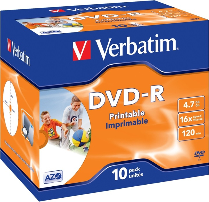 Verbatim DVD-R, 16x, 4,7 GB/120 min, 10-pk. jewel case, matt utskrivbar (43521) i gruppen Elektronikk / Lagringsmedia / CD/DVD/BD-plater / DVD-R hos TP E-commerce Nordic AB (38-23686)
