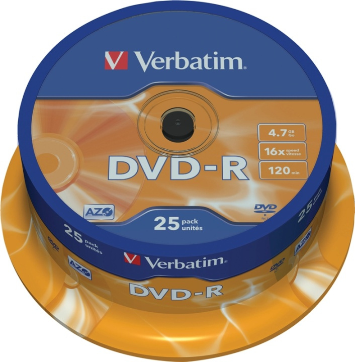 Verbatim DVD-R, 16x, 4,7 GB/120 min, 25-pakning spindel, AZO (43522) i gruppen Elektronikk / Lagringsmedia / CD/DVD/BD-plater / DVD-R hos TP E-commerce Nordic AB (38-23687)