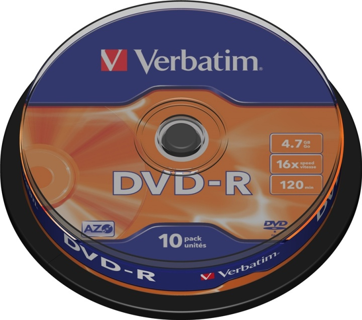 Verbatim DVD-R, 16x, 4,7 GB/120 min, 10-pakning spindel, AZO (43523) i gruppen Elektronikk / Lagringsmedia / CD/DVD/BD-plater / DVD-R hos TP E-commerce Nordic AB (38-23688)