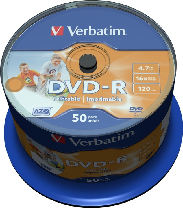 Verbatim DVD-R, 16x, 4,7 GB/120 min, 50-pakning spindel, AZO, utskrivbar (43533-02) i gruppen Elektronikk / Lagringsmedia / CD/DVD/BD-plater / DVD-R hos TP E-commerce Nordic AB (38-23689)