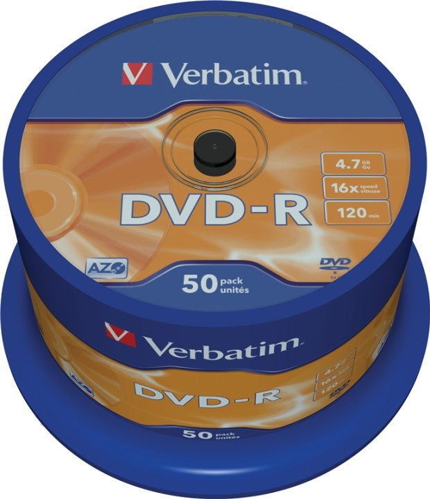 Verbatim DVD-R, 16x, 4,7 GB/120 min, 50-pakning spindel, AZO (43548) i gruppen Elektronikk / Lagringsmedia / CD/DVD/BD-plater / DVD-R hos TP E-commerce Nordic AB (38-23690)