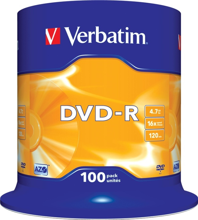 Verbatim DVD-R, 16x, 4,7 GB/120 min, 100-pakning spindel, AZO (43549) i gruppen Elektronikk / Lagringsmedia / CD/DVD/BD-plater / DVD-R hos TP E-commerce Nordic AB (38-23691)